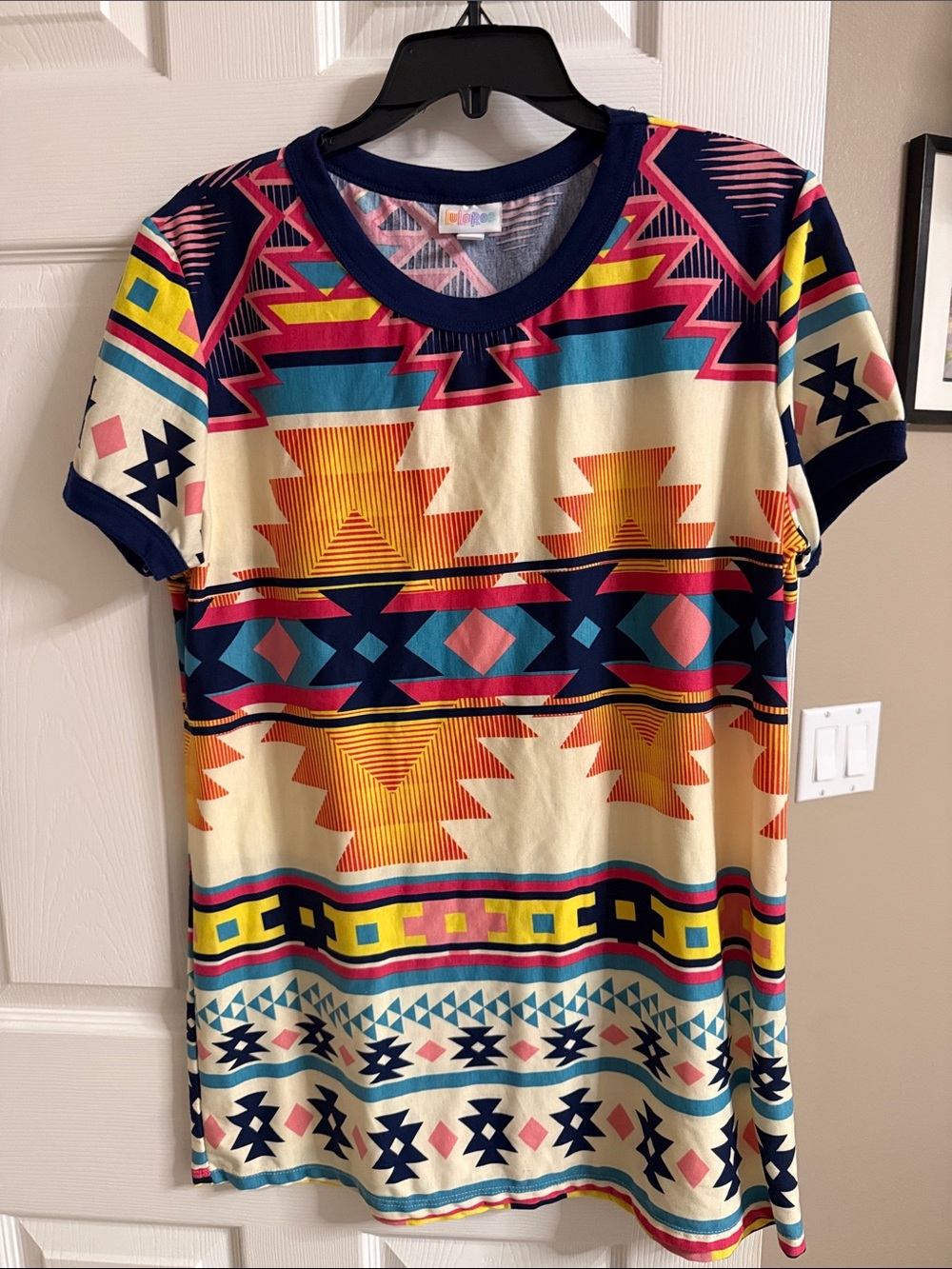 LuLaRoe Girls' Aztec Short Sleeve Dress - Navy, Cream & Teal